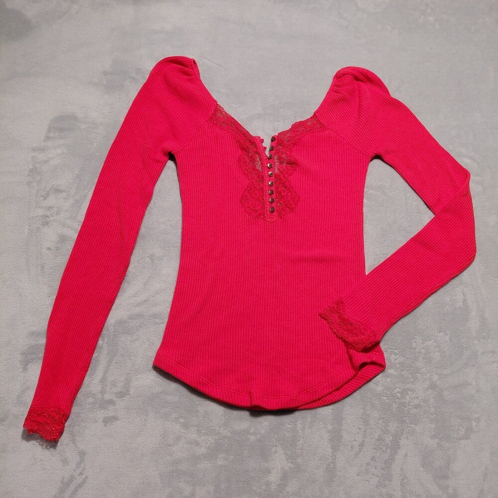 Y2K Free People To The West Red Ribbed Lace Trim Button Henley Long Sleeve Sz S
